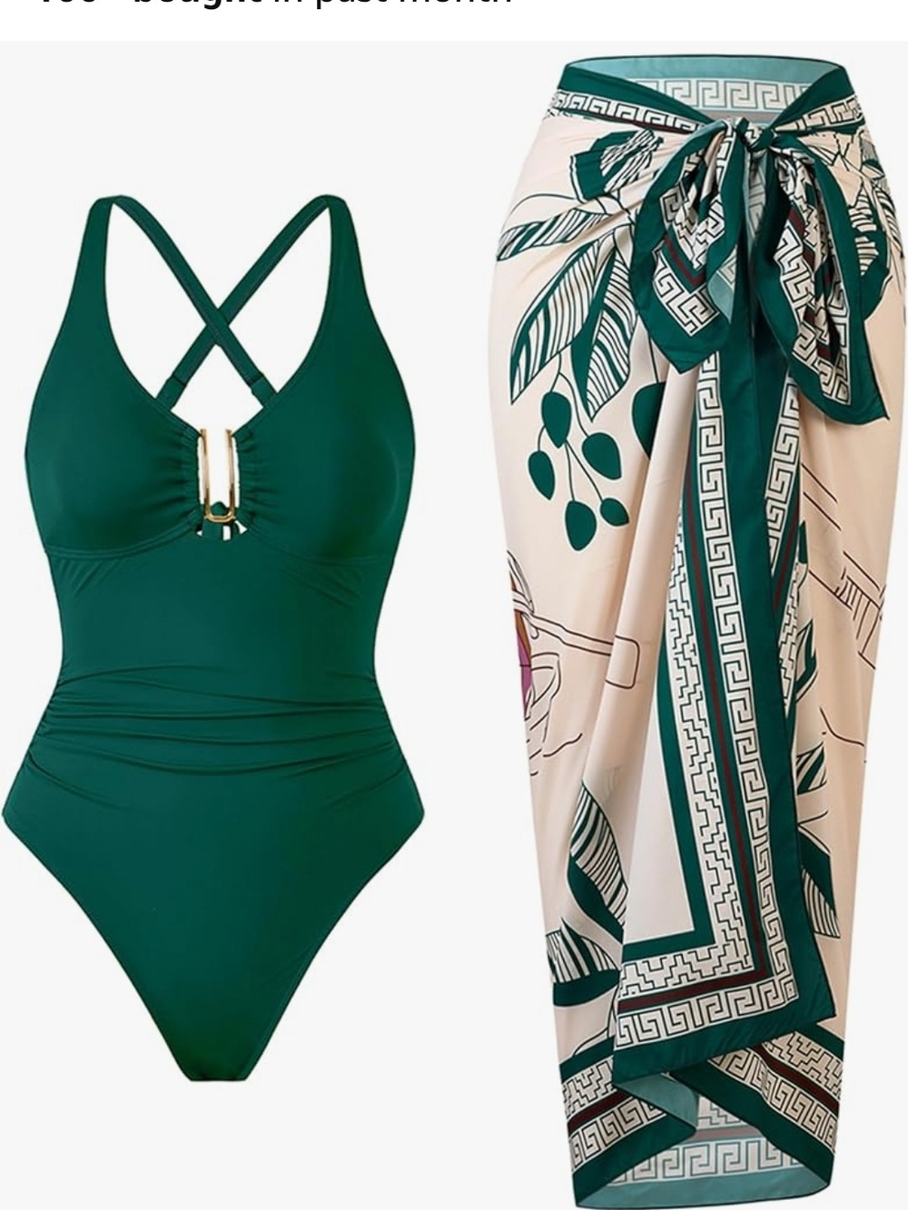 Women’s Deep Green One-Piece Swimsuit with Printed Sarong